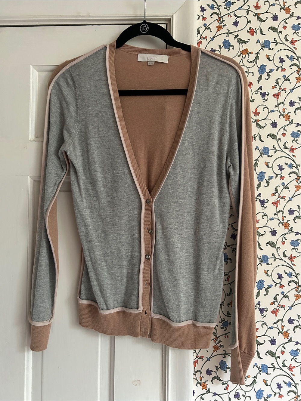LOFT Gray and Taupe Button-Front V-Neck Cardigan